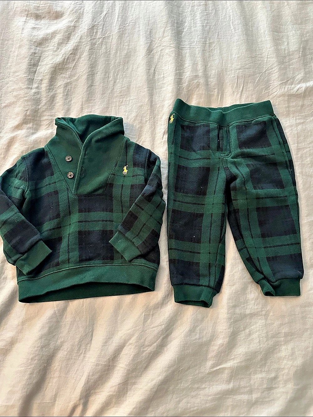 Ralph Lauren Plaid Fleece Sweatshirt & Pant Set Boys 12M Green & Black